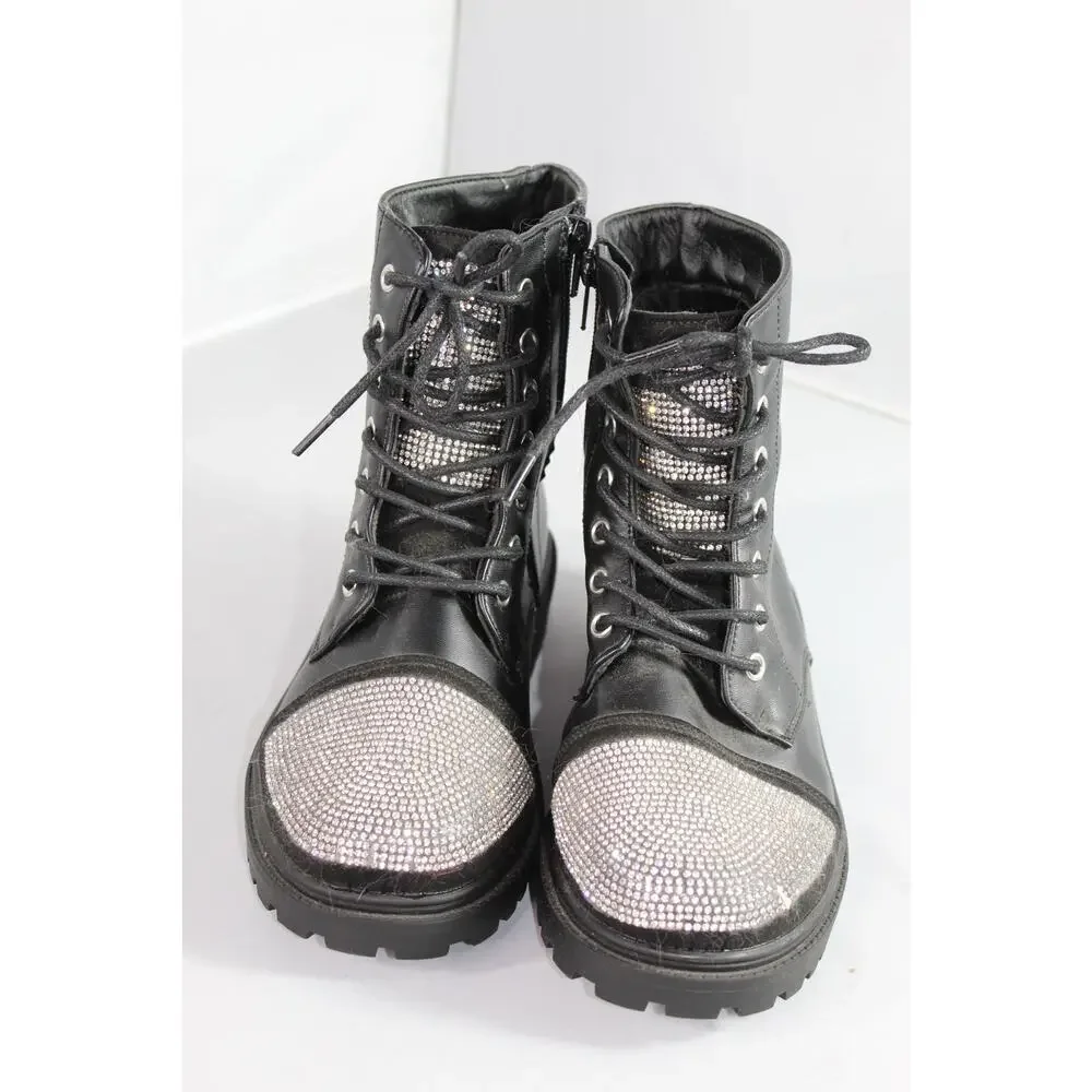 Girls Leslie Lace Up Combat Ankle Boots Black Rhinestone Toe Side Zip Size 2